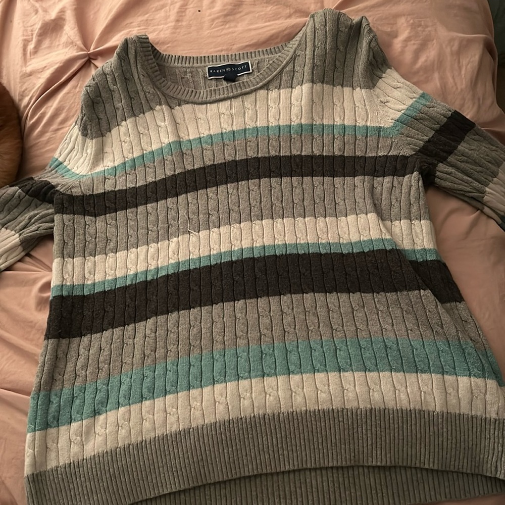 white,grey,blue patterned sweater